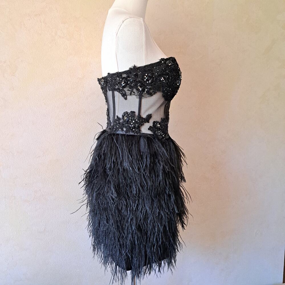 Cinderella Black Feather Corset Mini Dress Strapless Beaded Prom Size 4 Cocktail - Picture 3 of 16